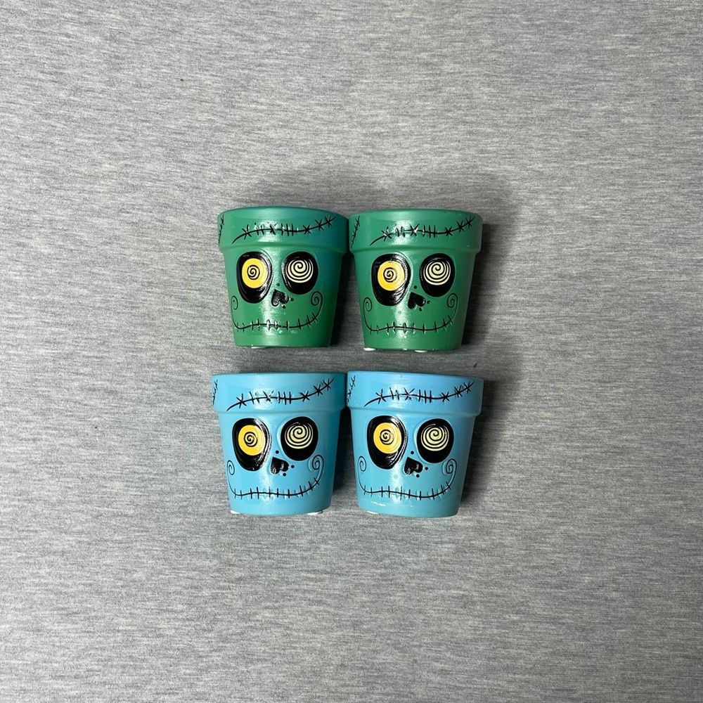 Target Blue & Green 3” Mini Round Halloween Skeleton Ceramic Pot 4 PCS. Set